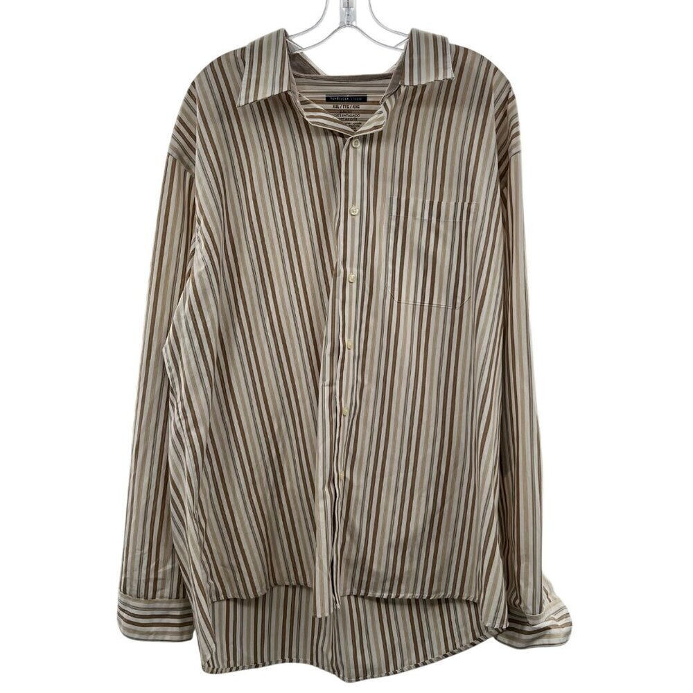 Van Heusen Studio Men's Long Sleeve Button Down Dress Shirt Tan/White Stripe XXL